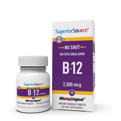 [BRSWYZTQCMMQGG3A] Superior Source No Shot Vitamin B12 Methylcobalamin 2,500 mcg, Quick Dissolve MicroLingual Tablets, 90 Count, Active Form of B12, Supports Energy Production, Nervous System Support, Non-GMO