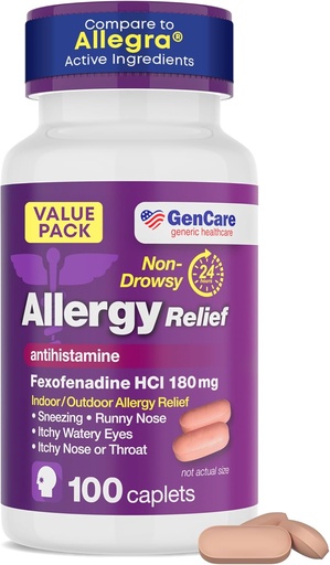 [BRSWGAAZBEPAGHLZ] GenCare Alergy Relief Pills - Fexofenadine 180mg 24 ώρες Αλλεργική Αλλεργία Αντιισταμινική, Σύγκριση με Allegra 24 ώρες Μη Νυσταγμένα Χάπια για Ίτσι Μάτια, Runny Μύτη, Κυψέλη (100 κόμης)