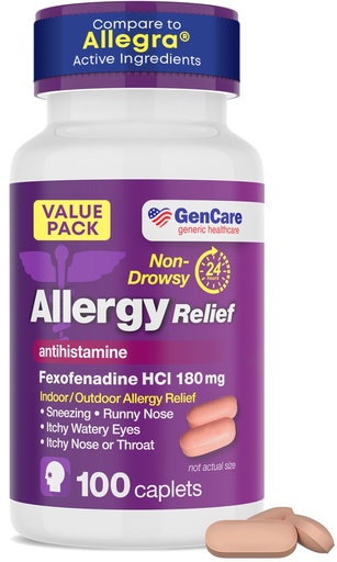 [BRSWGAAZBEPAGHLZ] GenCare Allergy Relief Pills - Fexofenadine 180mg 24 Hour Non-Drowsy Allergy Medicine Antihistamine, Compare to Allegra 24 Hour Non Drowsy Pills for Itchy Eyes, Runny Nose, Hives (100 Count)
