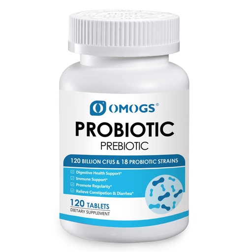 [BRSW2CYEOZYR63DP] OMOGS Probiotics 120 Billion CFUs 18 Strains,with 3 Organic Prebiotics & Vitamin C,Nutritional Supplement for Women,Men & Kids,Support Metabolism,Immunity and Digestive Health,Non-GMO, 120 Tablets