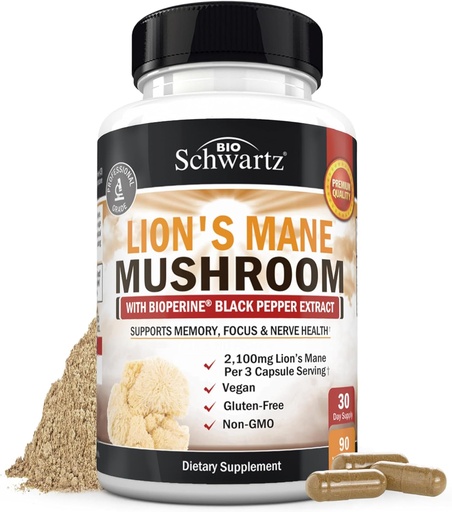 [BRSRM2YKB4MQGA35] BioSchwartz Organik Lions Mane Supplement Capsules (90 Kont) 2100 mg Lions Mane Mushrooms with BioPerine for Max Abpole, Activenic TY, Nootropic Brain Supplements for Memory and Focus