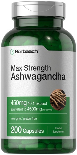 [BRSROBL2CMIGY3DA] Horbäach Ashwagandha Supplement for Women and Men | 200 Capsules | Max Strength Herb Root Extract | with Black Pepper Extract | Non-GMO, Gluten Free