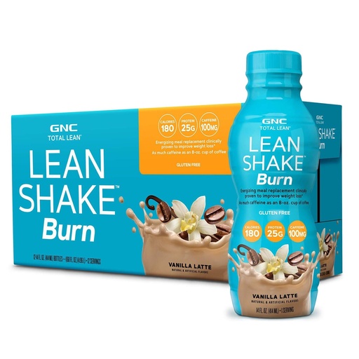 [BRSRMHY5BYCWKFI7] GNC Lean Shake Burn with Caffeine, Clinically Proven Weight Management, Ready to Drink Meal replacementment, 25g Protein with Zero Added Sugar, Vanilla Latte, Pack of 12