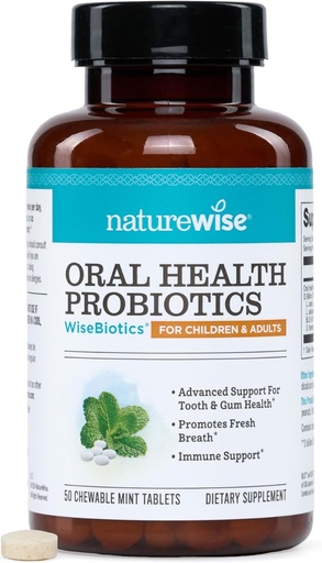 [BRSWKF37AB6RY33Y] NatureWise Oral Probiotics for Mouth Bad Breath - Chewable Sugar-Free Mint - Lactobacillus reuteri Chewable - Oral Probiotics for Kids &amp; Adults - Non-GMO USA Manufactured - 50 Count[50-Day Supply]