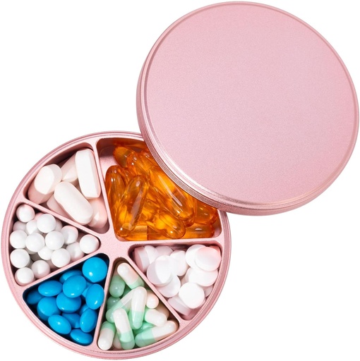 [BRSRAGILAVYGOD3Z] Pill Organizador 6 Compartments Pill Dispenser - Heavy Duty Metal Daily Pill Container, Daily Pill Box Pill Holder, Waterproof caso de medicamentos para suplementos de vitaminas aceites de peixe, 0.38lb, Pink
