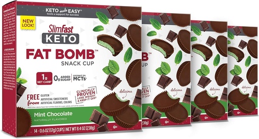[BRSWYZQOA4MWCALP] SlimFast Keto Fat Bomb Snack Cup, Mint Chocolate, Keto Snacks pentru pierderea in greutate, Carb scăzut cu 0g Zahăr adăugat, 14 Count Box (Pachet de 4)