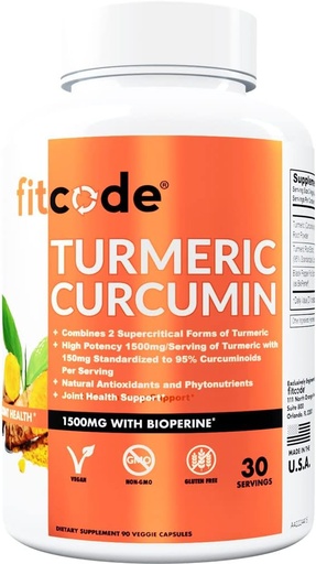 [BRSWGAT4AUPRAAI2] fitcode Turmeric Curcumin with 95% Curcuminoids, Highest Potency, Non-GMO, Gluten Free, 1500mg of Ultra-Pure Turmeric Curcumin with BioPerine for Enhanced Absorption, 30 Serving Veggie Capsules