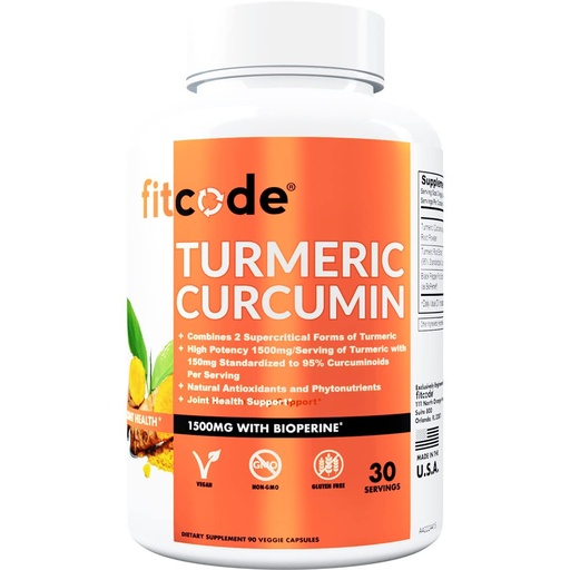 [BRSWGAT4AUPRAAI2] fitcode Turmeric Curcumin with 95% Curcuminoids, Highest Potency, Non-GMO, Gluten Free, 1500mg of Ultra-Pure Turmeric Curcumin with BioPerine for Enhanced Absorption, 30 Serving Veggie Capsules