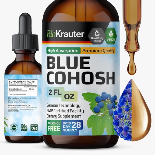 [BRSWGHYKDEFRMADL] BIO KRAUTER® Menopause Supplements for Women* - Blue Cohosh Tincture 2 Fl.Oz 28 Days of Supply - Vegan Blue Cohosh Extract for Menopause Support - Alcohol & Sugar Free - Relaxation & Women's Wellness