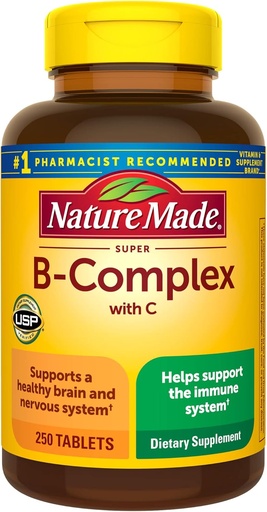 [BRSWGEARCIIAK3AU] Nature Made Super B Complex with Vitamin C and Folic Acid, Dietary Supplement for Immune Support, 250 Tablets, 250 Day Supply
