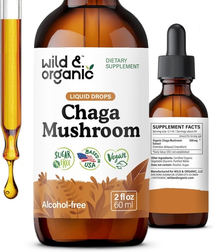 [BRSRAGDYCABQEH3F] Wild & Organic Chaga Mushroom Tincture - Immune Support with Chaga Mushroom Extract Liquid - Immunity Drops Supplement - Vegan, Sugar & Alcohol-Free - 2 fl oz