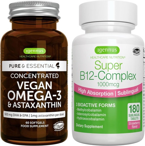 [BRSRMZ3QBUNAAYLH] Vegan Omega-3 + Super B12-Complex 1000mcg Vegan Bundle, Sustainable EPA & DHA Algae Oil 1340mg + High Absorption Sublingual Vitamin B12 With Methylcobalamin, Adenosylcobalamin & Hydroxocobalamin, by I