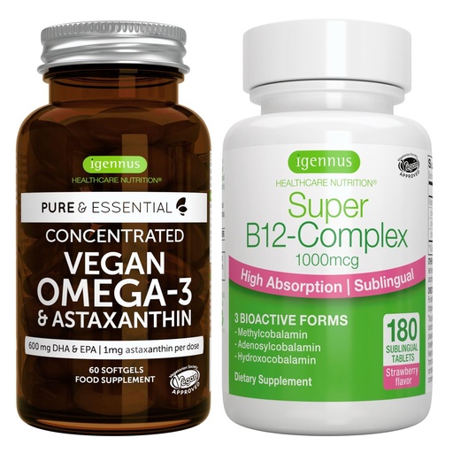 [BRSRMZ3QBUNAAYLH] Vegan Omega-3 + Super B12-Complex 1000mcg Vegan Bundle, Sustainable EPA & DHA Algae Oil 1340mg + High Absorption Sublingual Vitamin B12 With Methylcobalamin, Adenosylcobalamin & Hydroxocobalamin, by I