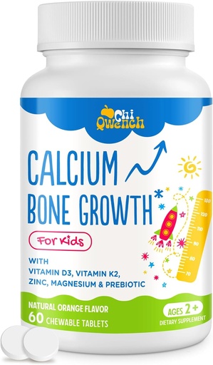 [BRSRAYY3OIPBUF3L] 500 MG Calcium Supplement with Vitamin D3 & K2, Zinc, Magnesium & Prebiotics. Kids Vitamins for Kids' Height. Bone Strength, High Absorption, Orange Chewables, Non-GMO, Gluten Free, 60 Tabs