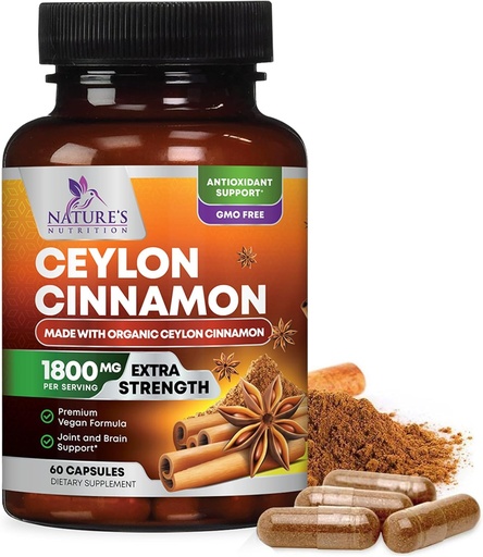 [BRSW2CQ2B4BWG23G] Organisk Ceylon Cinnamon Supplement 1800 mg - Certified Organic Ceylon Cinnamon pulver piller - Energi og hjerte støtte for kvinner og menn, flaske i USA, Antioksidant, Glutenfri, Ikke-GMO - 60 Kapsler