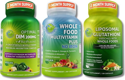 [BRSRMYAEOABGCGYV] Vegan Hormone Balance, Immune Support & Antioxidant Support for Men & Women – Whole Food Multivitamin Without Iron + Liposomal Glutathione 500mg + Optimal DIM 200mg – Non-GMO, Clean Wellness Support