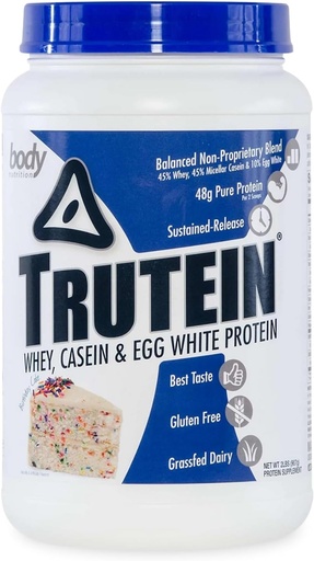 [BRSWKZT7CIIAIFD2] Body Nutrition Trutein High Protein Powder: 45% Whey, 45% Casein, 10% Egg White Protein Shake Mix, Gluten-Free, Low Sodium, Low Carb Protein Supplement Powder for Men & Women, Birthday Cake, 2lb