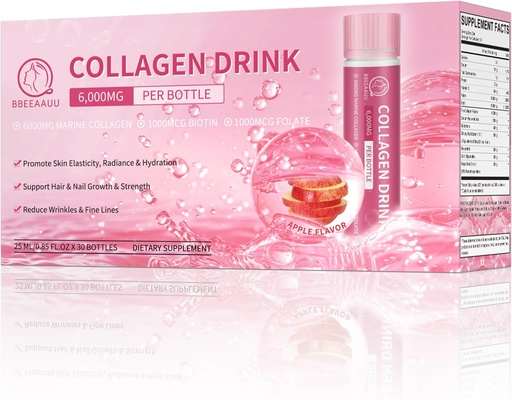[BRSRAFT5OIHAIYLO] Collagen Drink 6000mg Marine Collagen Peptides, Liquid Collagen Shots for Women with Hyaluronic Acid, Vitamin C, Collagen Supplements Support Skin, Hair & Nail, 0.85 Fl.Oz x30 Bottles, Apple Flavor