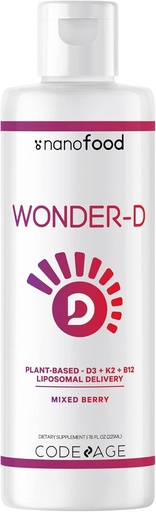 [BRSW2CAYOUHQY2TA] Codeage Liposomal Wonder-D, Vegan Cholecalciferol Vitamin D3 1000 IU Liquid Drops Supplement, Plant-Based Vitamins B12 & K2, Non-GMO Sunflower Phospholipids, Vitamin E, Mixed Berry Flavor, 7.6 fl oz