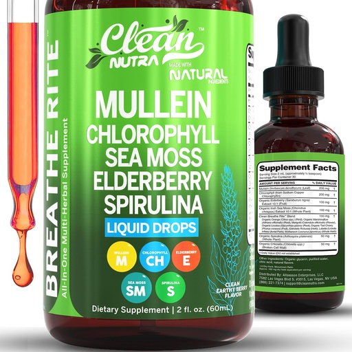 [BRSRAZL4AUOQEDY7] Mullein Drops for Lungs Liquid Chlorophyll Mullein Leaf Extract Supplement Elderberry Sea Moss Spirulina Chlorella Lobelia Marigold Licorice Marshmallow Lung Detox Cleanse Tincture Men Women 2 fl oz