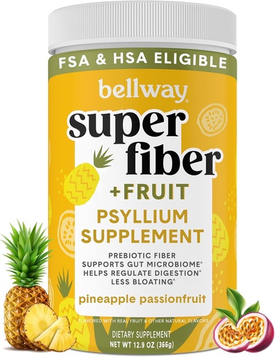 [BRSW2HY7PIOR62DP] Bellway Super Fiber Powder + Φρούτα, Χωρίς ζάχαρη Βιολογικό Psyllium Husk Fiber συμπλήρωμα για την κανονικότητα, Bloating Relief & Digestive Health, Plant-based, Ανανάς Πάθος Φρούτα (50 εξυπηρετούν)