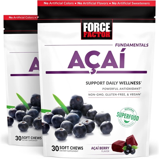 [BRSRMFD6PN7GYGTO] Force Factor Acai Soft Chews for Immune Support, Oxidative Stress Defense, Superfood and Antioxidants Supplement, Non-GMO, Gluten-Free, and Vegan, Acai Berry Flavor, 30 Soft Chews, 2-Pack