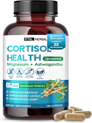 [BRSRAGIRAQNAMCTP] VITAL HERBAL Cortisol Health Supplement - Liposomal Magnesium with Ashwagandha L-Theanine St. John's Wort - Maximum Potency - Support Restoration, Strength - Made in The USA