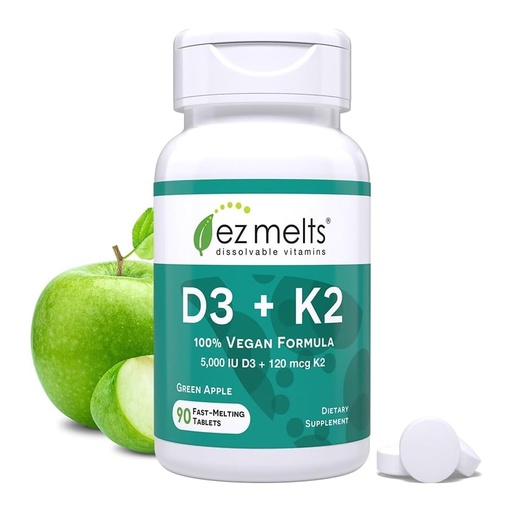 [BRSW2AL3DINAA3TU] EZ Melts Dissolvable Vegan Vitamin D3 + K2 5,000 IU - Bone & Heart Health Support - Immune Function Support - No Artificial Flavors - Non-GMO - Green Apple - 90 Dissolvable Tablets (90 Servings)