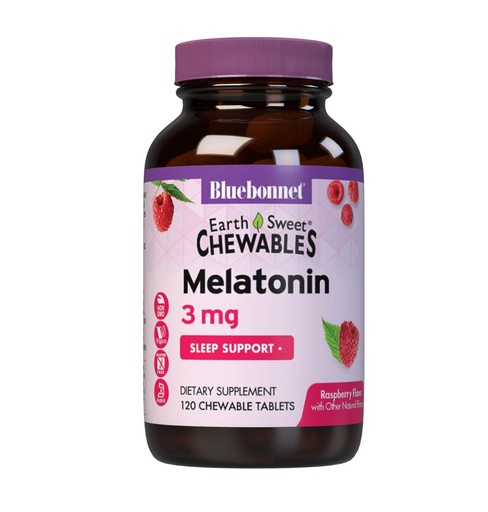 [BRSWKEYEAIDAG33M] Bluebonnet Nutrition EarthSweet Melatonin 3 mg Fast-Acting Quick Dissolve Nighttime Relaxation & Restful Sleep Support - Sleep Aid - Gluten-Free, Vegan - Raspberry Flavor - 120 Chewable Tablets