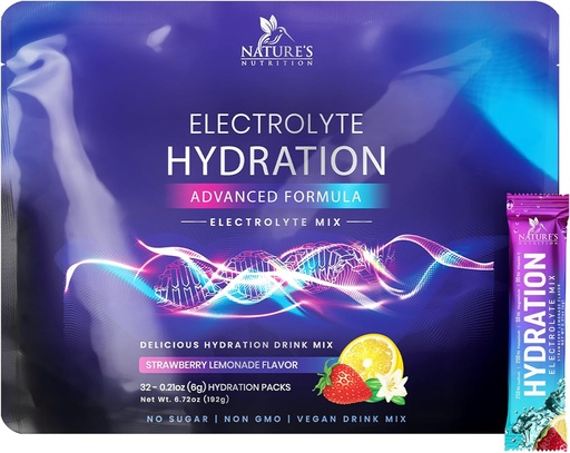 [BRSROHD2DMIBG3T6] Electrolytes Hydration Packets - Keto Recovery Powder with Potassium, Magnesium, Sodium, Zinc & Vitamin C, Sugar-Free, Hydration Electrolyte Liquid Drink Mixes, Vegan, Strawberry Lemon (32 Pack)