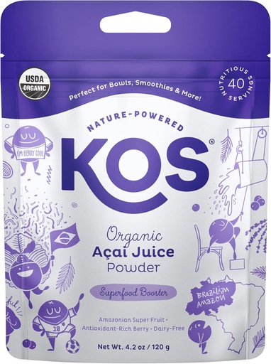 [BRSRMEAZAQMGOYLU] KOS USDA Organic Acai Powder, Unsweetened Superfood - Natural Antioxidant, Acai Berry for Smoothies and Bowls - Polyphenol Abundant, Gluten-Free, Non-GMO, Climate Friendly resealable Bag, 40 Servings