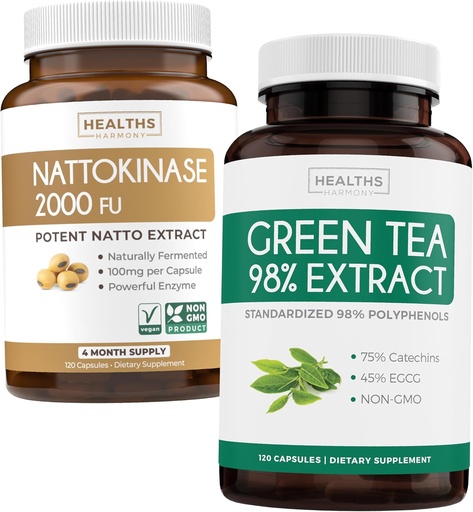 [BRSRAGTRAAPQ4F32] Nattokinase & Green Tea (2-Month Supply) Green Vitality Boost - Nattokinase 2000 FU Powerful Naturally Fermented Soybeans -120 Caps & Green Tea Extract 98% with EGCG (Non-GMO) Natural Metabolism Boost