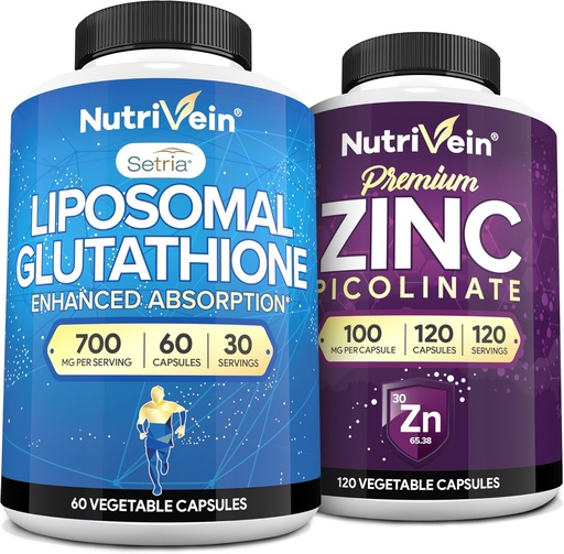 [BRSRAA34AF6QOHQ7] Nutrivein Premium Zinc Picolinate & Liposomal Glutathione Supplement Bundle: High-Absorption Glutathione Liposomal Supplement & Zinc Supplements for Men & Women - Immunity, Digestion, Detox, & Repair