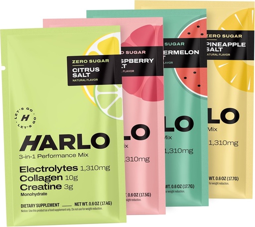 [BRSRAGD2BF5ROETV] Harlo - Sample Pack Electrolyte Drink Mix with Added Bovine Collagen & Creatine - Creatine Monohydrate Powder - Energy Drink Powder - Sugar Free Energy Drinks