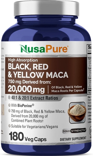 [BRSW2AA6DEFA4HQ7] NusaPure Maca Root Black, Red, Yellow 20,000mg - 180 Vegan Capsules (Vegan,Non-GMO, Gluten Free) Bioperine