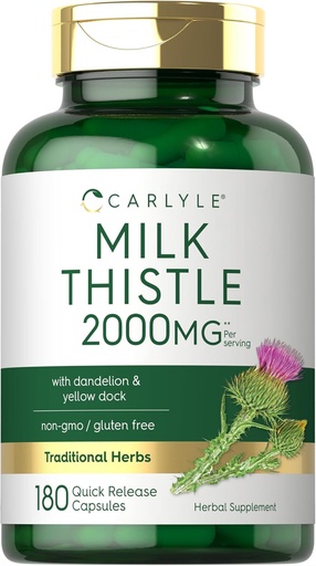 [BRSW2AAYPMCAGG3K] Carlyle Milk Thistle 2000mg ← 180 Capsules Silencio con Dandelion &amp; Yellow Dock ← Non-GMO, Gluten Free