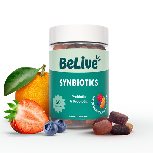 [BRSWGBLQBAFBYHTL] BeLive Synbiotics - Probiotic & Prebiotic Fiber Gummies – High Strength Inulin (3g), Dietary Fiber Supplement, Digestive Support for Kids & Adults - Strawberry, Orange, Blueberry Flavor (60Ct)