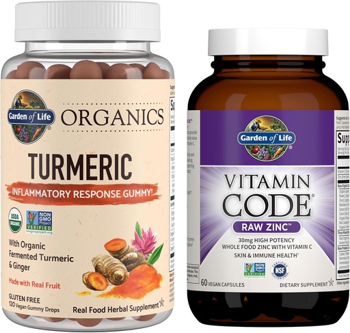 [BRSROBQFDEMRGYLL] Garden of Life Organics Turmeric Inflammatory Response Gummy, 120ct & Vitamin Code High Potency Raw Zinc, 60ct