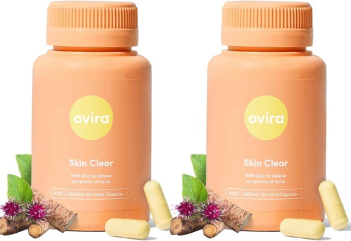 [BRSRA2YLPMCRQDLV] Ovira Skin Clear with ZINCBRIGHT - 60 Capsules for Clear and Glowing Skin | Rosacea & Hormonal Acne Treatment | Support Collagen Production | Acne Supplements for Women & Men - Pack of 2