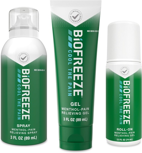 [BRSWGHQKAV4GGYI4] Biofreeze Pain Relief Roll-On 2.5 FL OZ, Gel 3 FL OZ, y Spray 3 FL OZ Variety Pack Topical Pain Reliever For Muscles and Joints from Arthritis, Backache, Strains, Bruises, Sprains (Package May Vary)