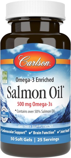 [BRSWECQ2B4CWY2TV] Carlson Salmon Oil, 500mg Omega-3s, Wild-Caught Norwegian Fish Oil, Sustainably Sourced, 50 Softgels