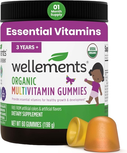 [BRSW2C33A5YAID3F] Wellements USDA Organic Kids Multivitamin Gummies 60 Ct (3+ Years) | Essential Kids Vitamins A, B, C, D, E & Zinc | Supports Healthy Growth & Development* | Non-GMO, No Gluten & No Artificial Colors