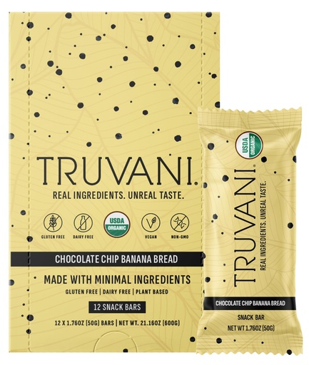[BRSRAYABAEFGAFI3] Truvani Plant Based Snack Bars | Chocolate Chip Banana Bread 12 Pack | 5g Protein | USDA Organic and Vegan | The Only Bar | Dairy, Soy, and Gluten Free | Individually Wrapped