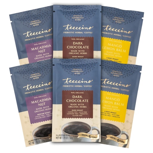 [BRSWYAYQBYBQ2H3O] Teeccino Prebiotic SuperBoost™ Herbal Coffee Sampler - 6 Trial-Size Packets - Dark Chocolate, Mango Lemon Balm, Macadamia Nut - Prebiotic, Caffeine-Free, Ground Coffee Alternatives for Good Gut Health