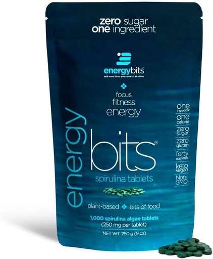 [BRSWKHQ6OUPAMHD4] ENERGIEBITS - Organische Spirulina Tabletten - Plantgebonden Algen Superfood - voor Focus, Fitness, Energie - Plant Proteïne - Glutenvrij - Collageen, Vitamine B12, Omega 3 - Keto & Vegan - 1000 Algen Tabletten