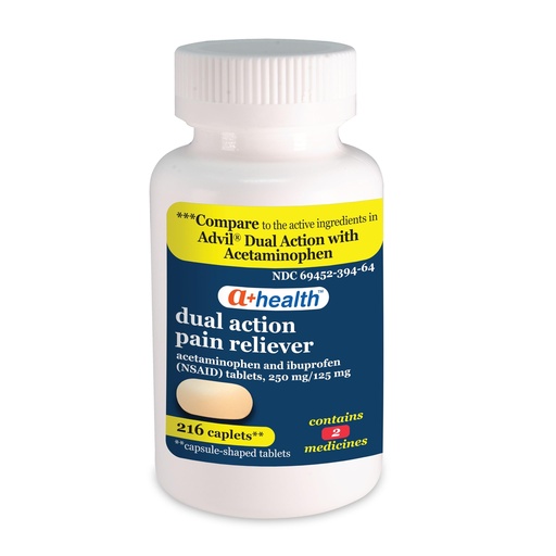 [BRSRMHYEPMPQMEL2] A+Health Dual Action Acetaminophen 250 mg and Ibuprofen (NSAID) 125mg Pain Reliever Caplets, 216 Count