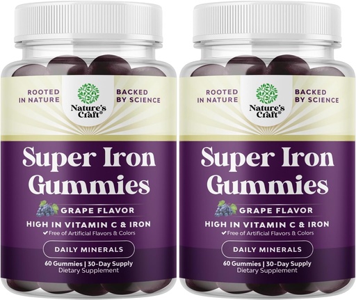 [BRSRAFTYBEDQ4E3J] Extra Strength Iron Gummies for Women and Men - Potent 45mg per Serving Chewable Iron Supplement for Women & Men with Vitamin C Higher Absorption - Vegan Daily Gummy Adults (60 Servings)