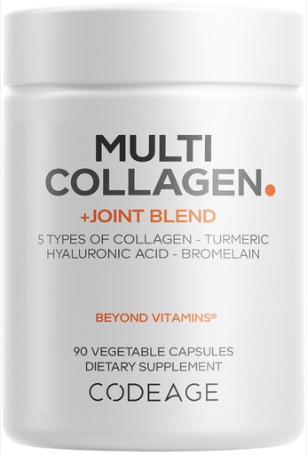[BRSWYH3YPN5RYCDL] Codeage Multi Collagen Protein + Joint Blend Supplement, Acido ialuronico, Bromelain, Turmerico, Ginger, Boswellia, Astaxantina - Collage bovina idrolizzata - 5 tipi di collagene - Non-GMO - 90 capsule