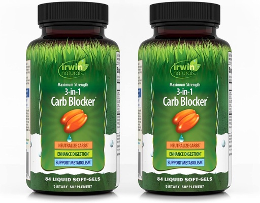 [BRSW2HY6CNYGEELL] Irwin Naturals Maximum Strength 3-in-1 Carb Blocker - Neutralize Carbohydrates, Aids Digestion and Metabolism Booster - White Kidney Bean Extract + Chromium + Enzyme Blend - 84 Soft-Gels - 2 Pack