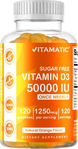 [BRSRAZIDCAPRSADF] Vitamatic Sugar Free Vitamin D3 50,000 IU Weekly Supplement - 120 Pectin Based Gummies - Vitamin D Capsules for Bones, Teeth, and Immune Support (50000 IU)